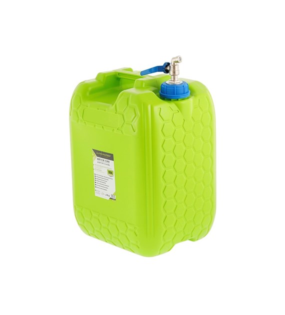 Water canister with long metal tap valve in cap, 20 L