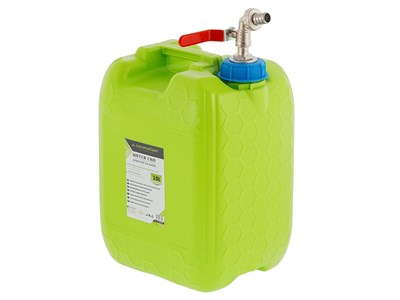 Water canister with long metal tap valve in cap, 10 L