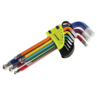 Clés Allen sphériques, 180 mm, tailles 1,5 - 10 mm, 9 pcs, couleurs mixtes
