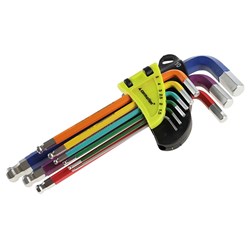 Klucze imbusowe kuliste, 180 mm, rozmiary 1,5 - 10 mm, 9 szt., kolorowe