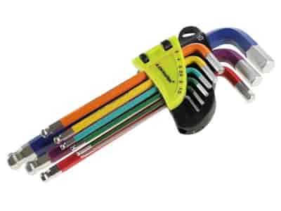 Clés Allen sphériques, 180 mm, tailles 1,5 - 10 mm, 9 pcs, couleurs mixtes