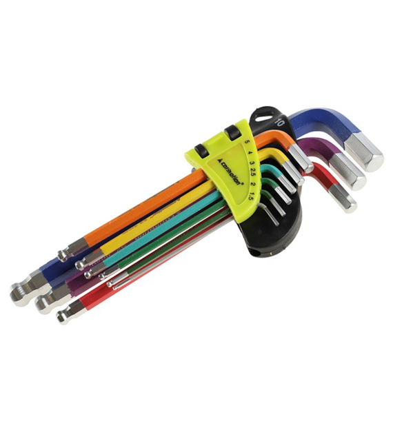 Clés Allen sphériques, 180 mm, tailles 1,5 - 10 mm, 9 pcs, couleurs mixtes
