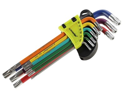 Klucze trzpieniowe otworowe 230 mm do śrub TORX, T10 - T50, 9 szt., kolorowe