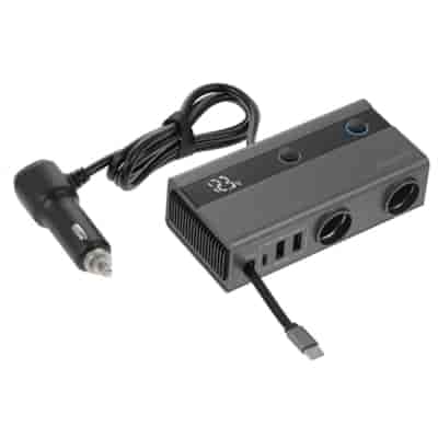 WAYME cigarette lighter 2-socket 12/24V with switches + 2x USB 3.6A + USB-C max 65W + retractable USB-C cable 80 cm max 65W