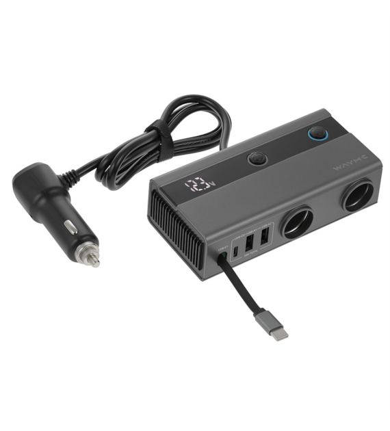 WAYME cigarette lighter 2-socket 12/24V with switches + 2x USB 3.6A + USB-C max 65W + retractable USB-C cable 80 cm max 65W