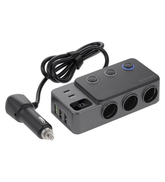 WAYME cigarette lighter 3-socket 12/24V with switches + 3x USB 3.6A + 2x USB-C max 35W + voltmeter