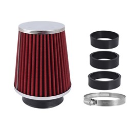 Air filter, conical, 120x130x90 mm, red / chrome, adapters: 60, 63, 70 mm