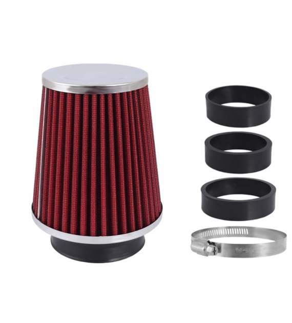 Air filter, conical, 120x130x90 mm, red/chrome, adapters: 60, 63, 70 mm
