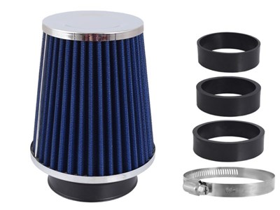 Air filter, conical 120x130x90 mm, blue / chrome, adapters: 60, 63, 70 mm