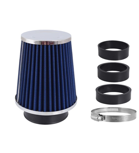 Air filter, conical 120x130x90 mm, blue / chrome, adapters: 60, 63, 70 mm