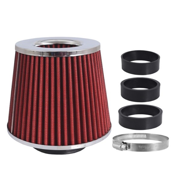 Filtr powietrza stożkowy 155x130x120 mm, czerwony/chrom, adaptery: 60, 63, 70 mm
