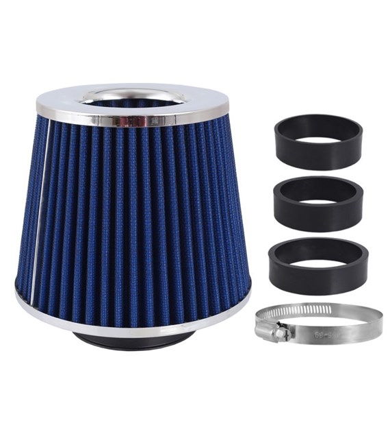 Filtre à air conique 155x130x120 mm, bleu/chrome, adaptateurs: 60, 63, 70 mm