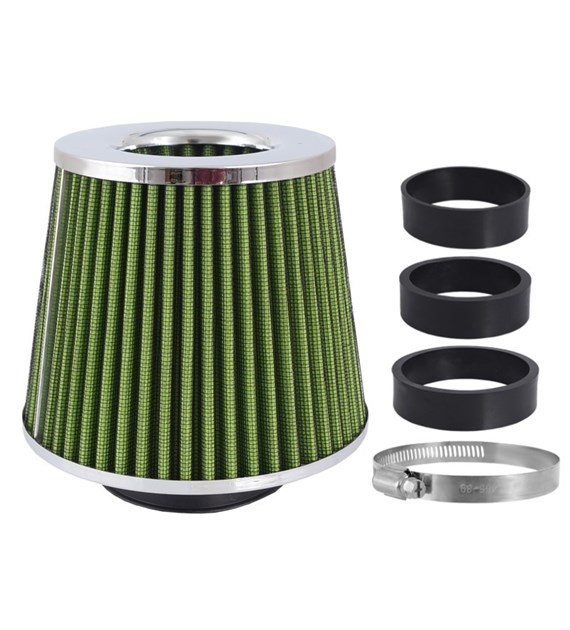 Air filter, conical 155x130x120 mm, lime green / chrome, adapters: 60, 63, 70 mm