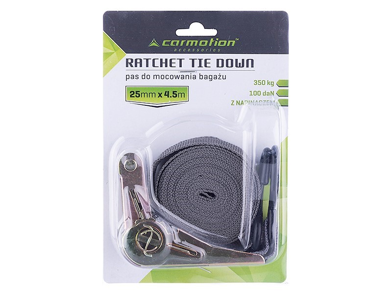 Ratchet tie down strap for load securing, 25mm x 4.5m, 350 KG