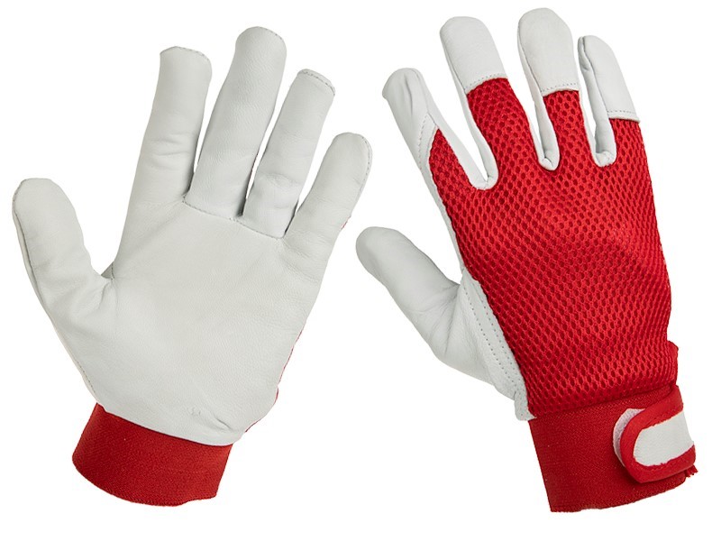 Gants de travail cuir de chèvre + maille, bandes auto-agrippantes, T9, rouge