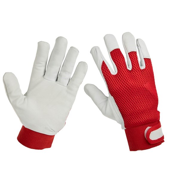 Work gloves goatskin + mesh, bandes auto-agrippantes, 10, red