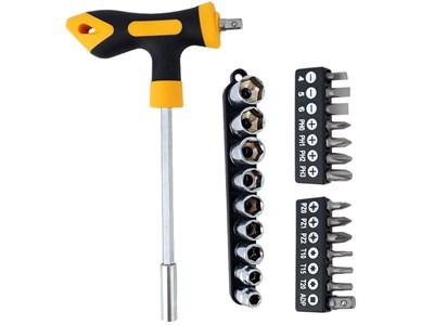 Screwdriver T24 , adapter, 13 bits and 9 sockets included