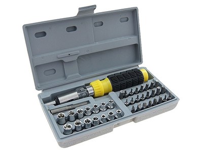 Screwdriver with 41-piece bit and socket set in box
