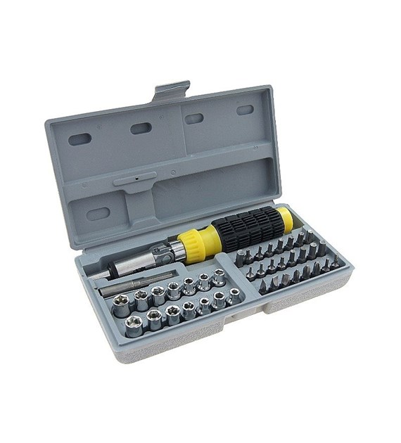 Screwdriver with 41-piece bit and socket set in box