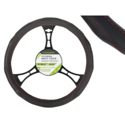 Pokrowiec na kierownicę PU 37-39 cm  M , perforowane gripy, czarny + czerwone nici