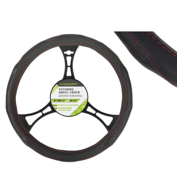 Pokrowiec na kierownicę PU 37-39 cm  M , perforowane gripy, czarny + czerwone nici