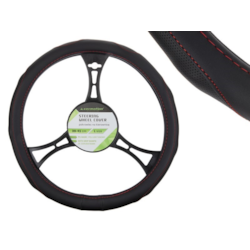 Pokrowiec na kierownicę PU 39-41 cm  L , perforowane gripy, czarny + czerwone nici