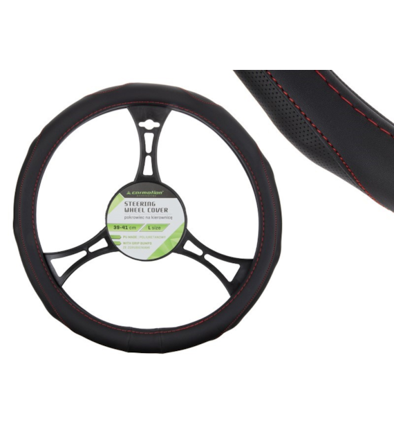 Lenkradbezug PU 39-41 cm  L , perforierte Griffe, schwarz + rote Fäden