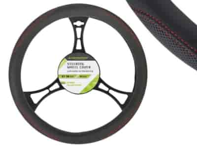 Lenkradbezug PU 37-39 cm  M , teilperforiert, schwarz + rote Fäden