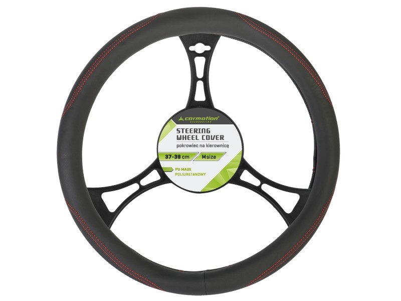 Steering wheel cover PU 37-39 cm "M", partially perforated, black + red threads