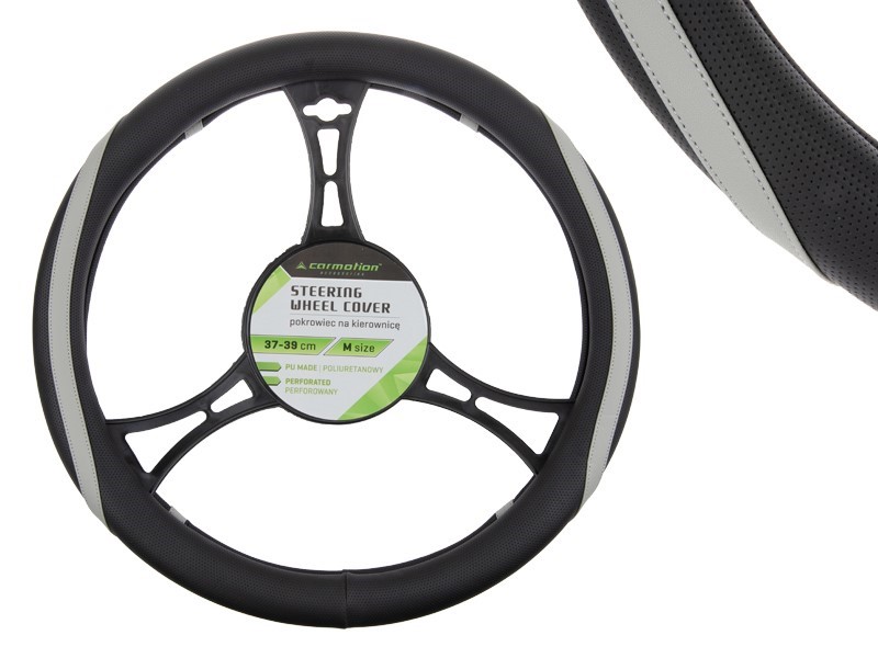 Steering wheel cover PU 37-39 cm "M", perforated, black + gray elements