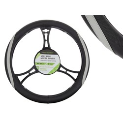 Lenkradbezug PU 37-39 cm  M , perforiert, schwarz + graue Elemente