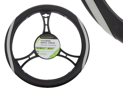 Steering wheel cover PU 37-39 cm  M , perforated, black + gray elements