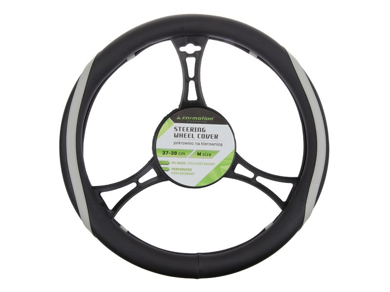 Steering wheel cover PU 37-39 cm "M", perforated, black + gray elements