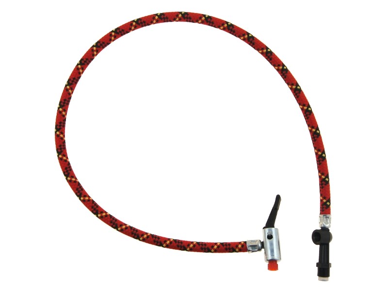 Foot pump hose with pressure gauge connector and clamp