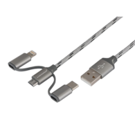 Câble de charge et de synchronisation 120 cm, 3 en 1 : USB > micro USB + Lightning + USB-C