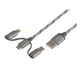 Kabel do ładowania i synchronizacji 120 cm, 3w1: USB > micro USB + Lightning + USB-C