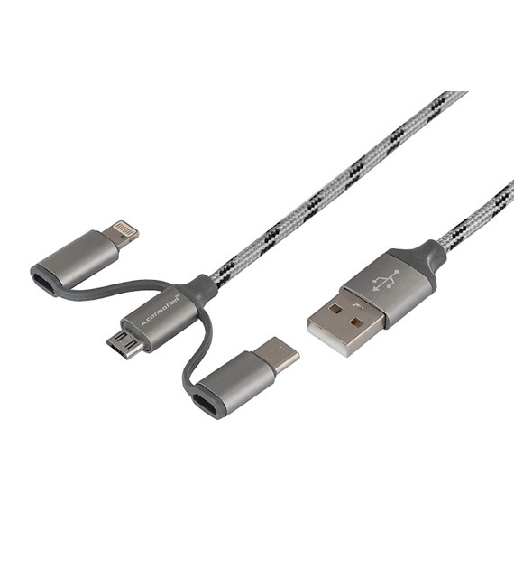 Câble de charge et de synchronisation 120 cm, 3 en 1 : USB > micro USB + Lightning + USB-C