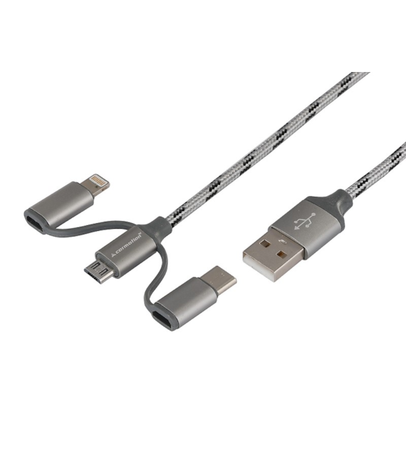 Câble de charge et de synchronisation 120 cm, 3 en 1 : USB > micro USB + Lightning + USB-C
