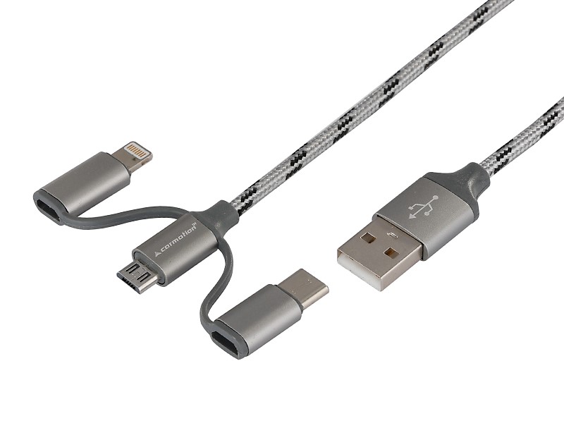 Charging & synchronisation cable 120 cm, 3 in 1: USB> micro USB + Lightning + USB-C