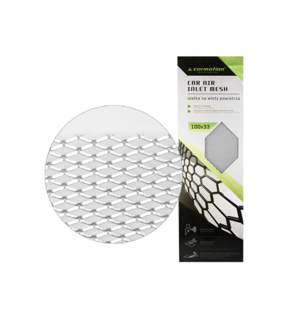 Grille de calandre en aluminium, maille 7x12 mm, losange, feuille 100x33 cm, argent