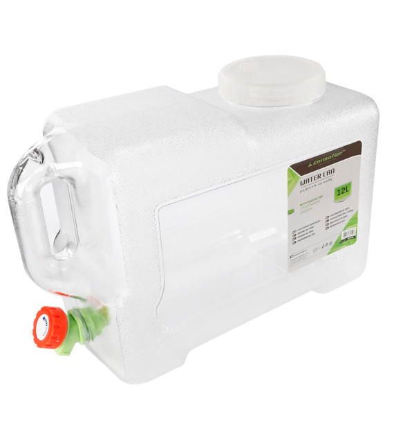 Water jerrycan 12L with plastic valve, transparent