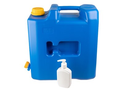 Water jerrycan 15L with plastic valve + soap dispenser or disinfectant