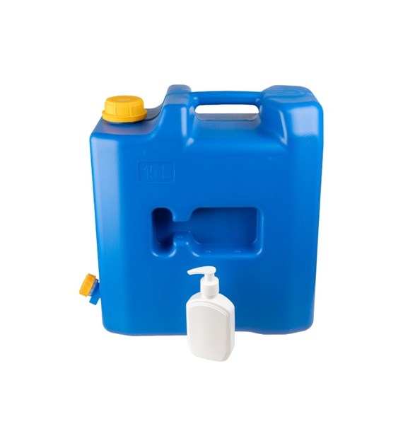 15L Wasserkanister mit Kunststoffventil + Spender für Seife oder Desinfektionsmittel