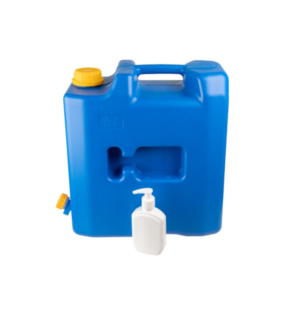 Bidon à eau 15L avec valve en plastique + distributeur de savon ou désinfectant