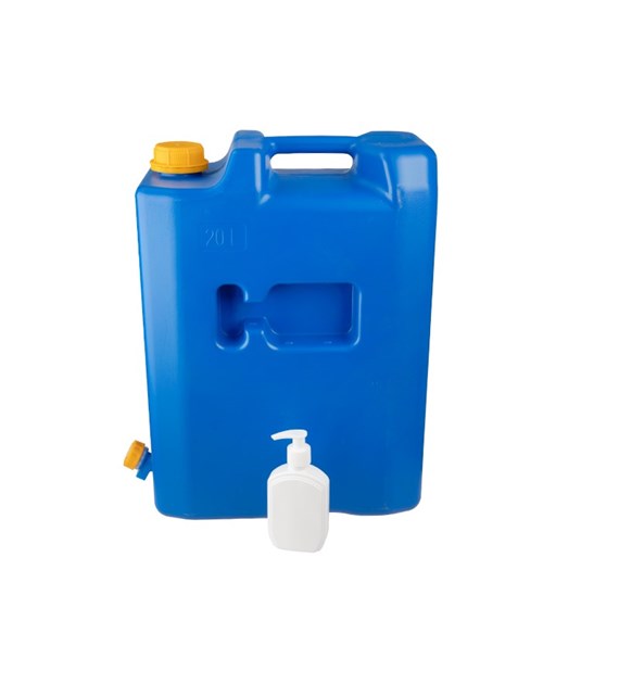 20L Wasserkanister mit Kunststoffventil + Spender für Seife oder Desinfektionsmittel