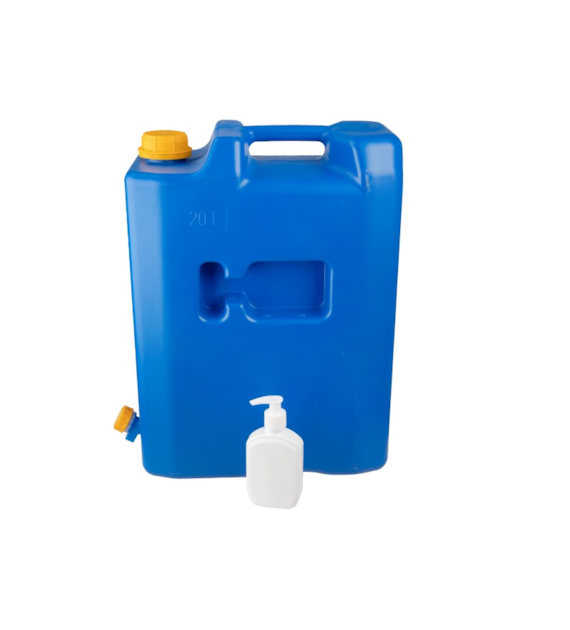 Wasserkanister 20L  mit Kunststoffventil + Spender für Seife oder Desinfektionsmittel