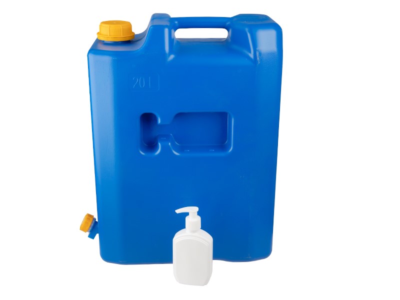 Water jerrycan 20L with plastic valve + soap dispenser or disinfectant