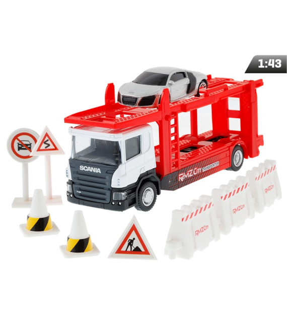 Modell 1:64, RMZ City Scania - Abschleppwagen + Zubehör