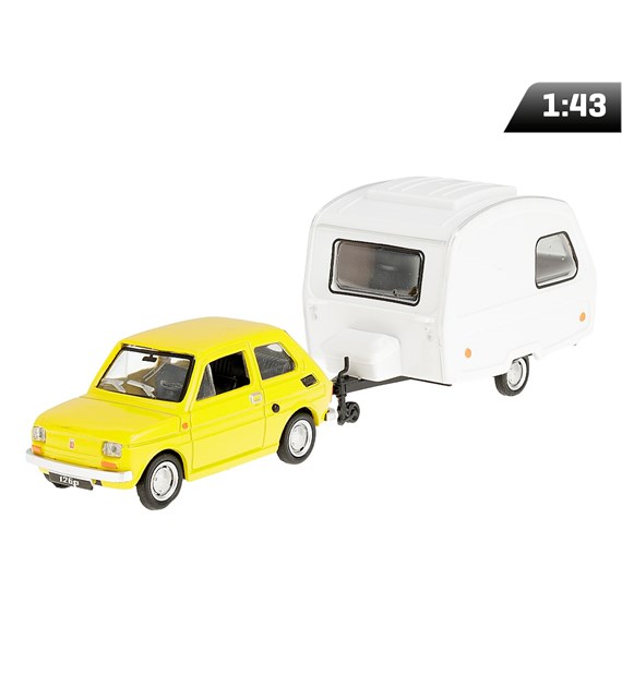 Model 1:43 Zestaw Fiat 126p + przyczepa Niewiadów Kemping, żółty