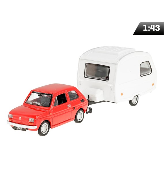 Model 1:43 Zestaw Fiat 126p + przyczepa Niewiadów Kemping, czerwony
